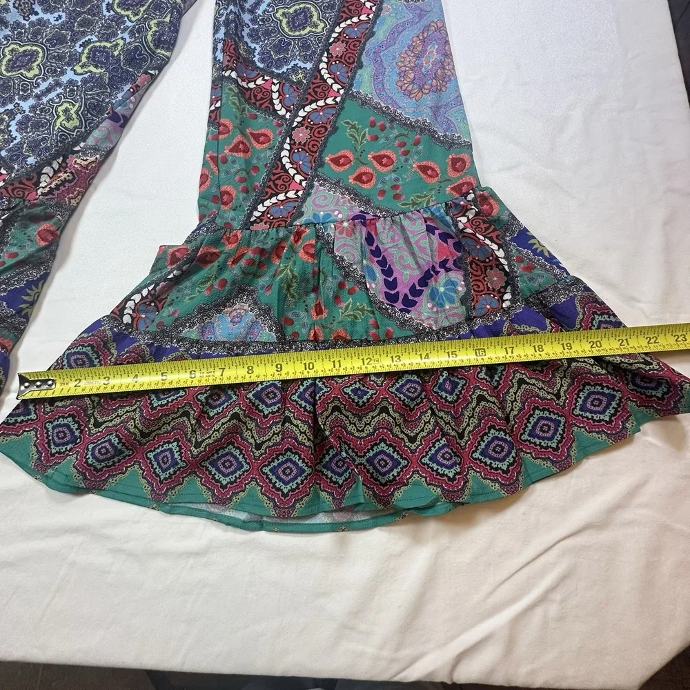 Umgee Patchwork Wide Legs Ruffle Hem Boho Festival Hippie Women's Pants Size M - Picture 9 of 12